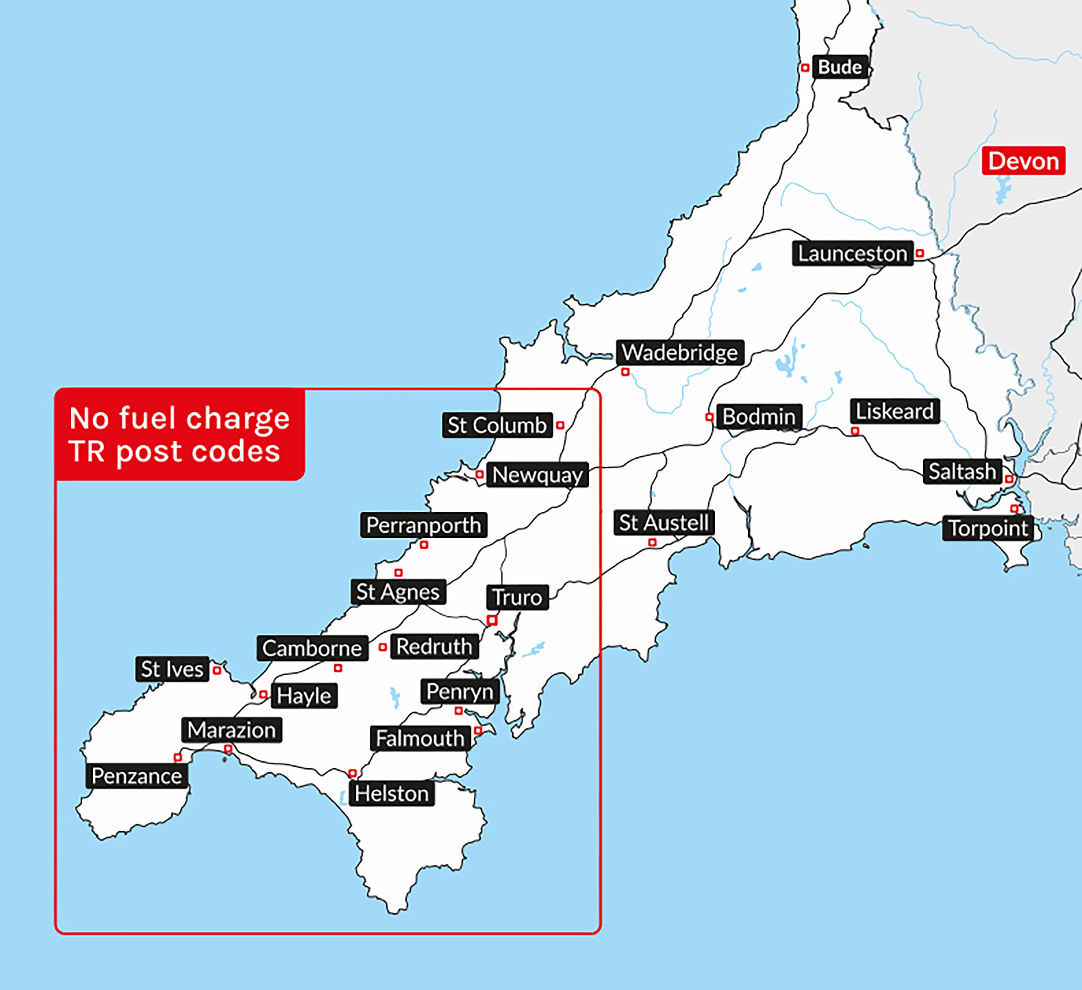 Map of Cornwall with town names